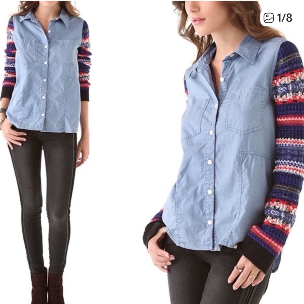 We The Free Chambray button up shirt with knit sleeves Size Large